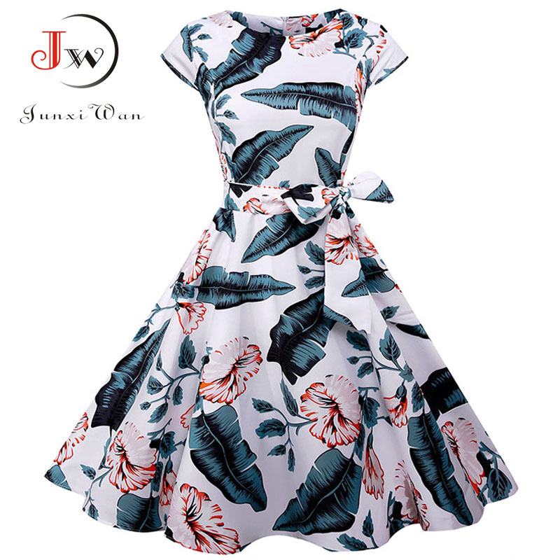 Women Summer Floral Dress 50s Vintage Casual Elegant Print O Neck Party Work Office Dress Retro Rockabilly Vestidos 210406