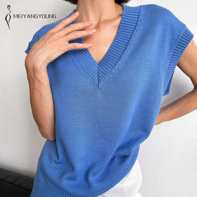 MEIYANGYOUNG Y2K Loose Knitted Vest Sweater Autumn Women's Vest Sleeveless Ladies Vintage Sweater V-Neck Pullover Tops 211009