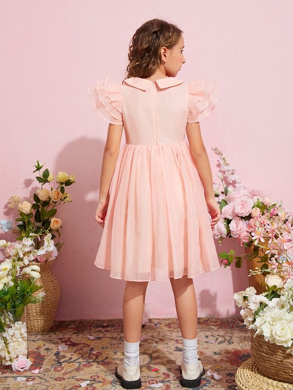 Girls Peterpan Collar Pearls Beaded Layered Sleeve Dress SHE