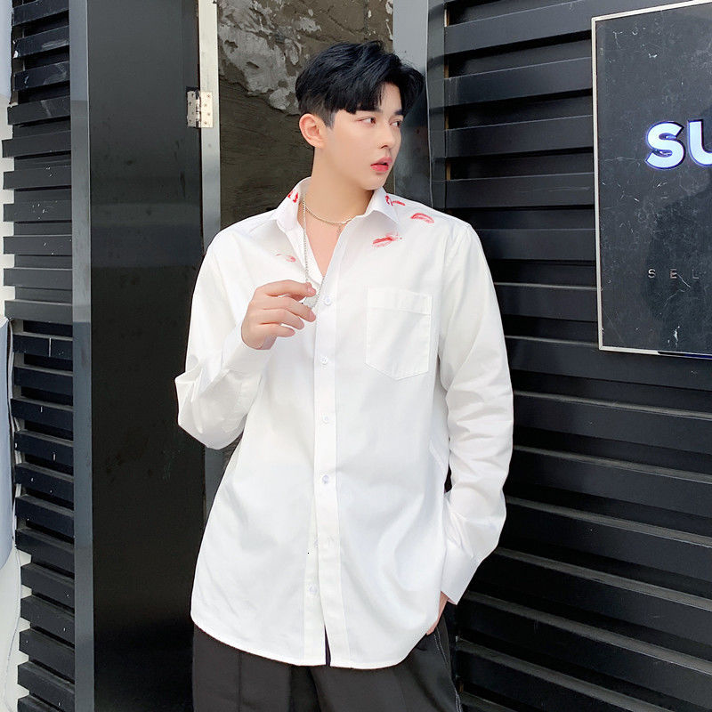 IEFB Men's Clothing Lipstick Printed White Shirt Spring Summer Korean Streetwear Fashion Long Sleeve Tops 9Y6060 210524
