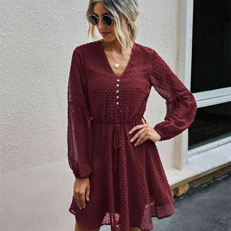 Fashion V-Neck Long Sleeve Solid Color Women's Dress Autumn Lovely Sweet Cute Lantern Princess Fold Mini 210522