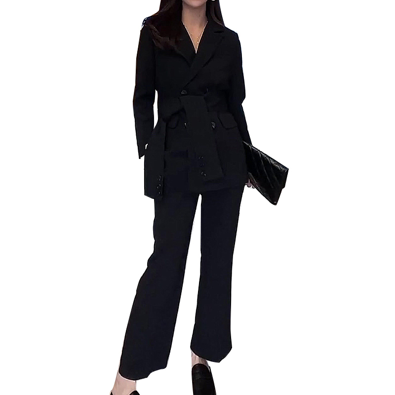 VGH Black Korean Two Piece Set For Women Notched Long Sleeve Sashes Blazer High Waist Wide Leg Pants Casual Sets Female Fashion 210421