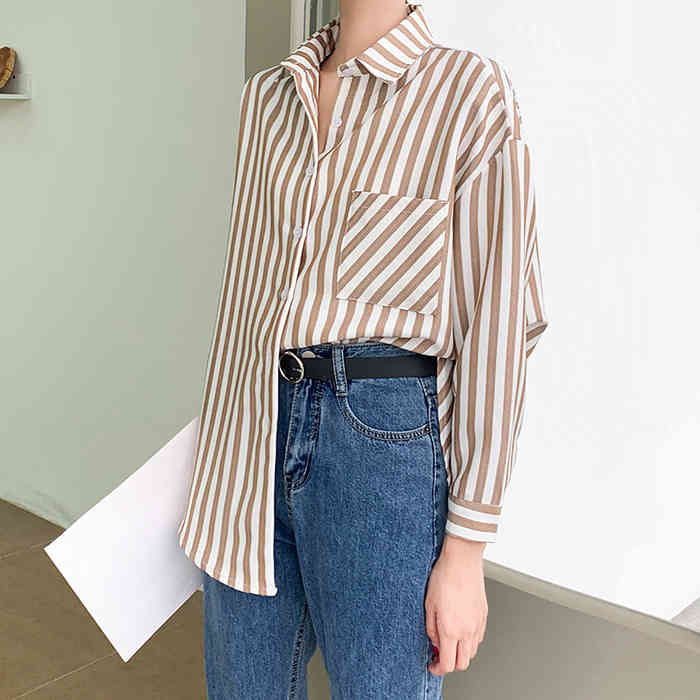 Spring Autumn Loose Long Sleeve Stripe Women Shirts Korean Button Blouses Office Lady Regular s Tops 6652 50 210510