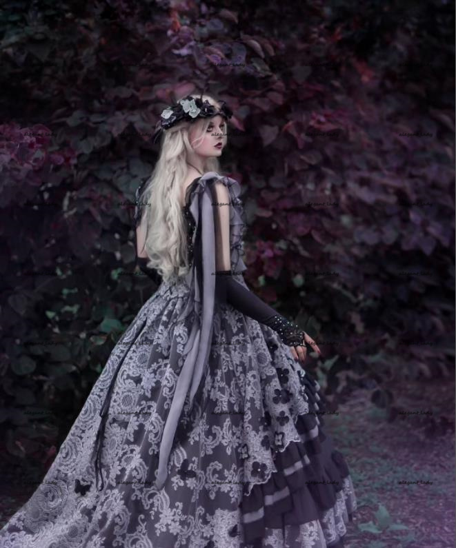 Grey Black Lace Gothic Evenig Dresses 2022 Mystic Garden Butterfly Lace-up Corset Top Renaissance Halloween Cosplay Prom Dress Plus size