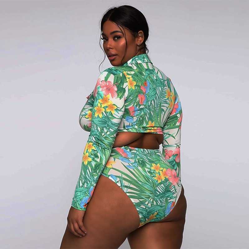 S-5XL Plus Size Swimsuit Two Piece Swimwear Women Leaf Print Monokini High Waist Bathing Suit Summer Long Sleeve Beachwear 210625