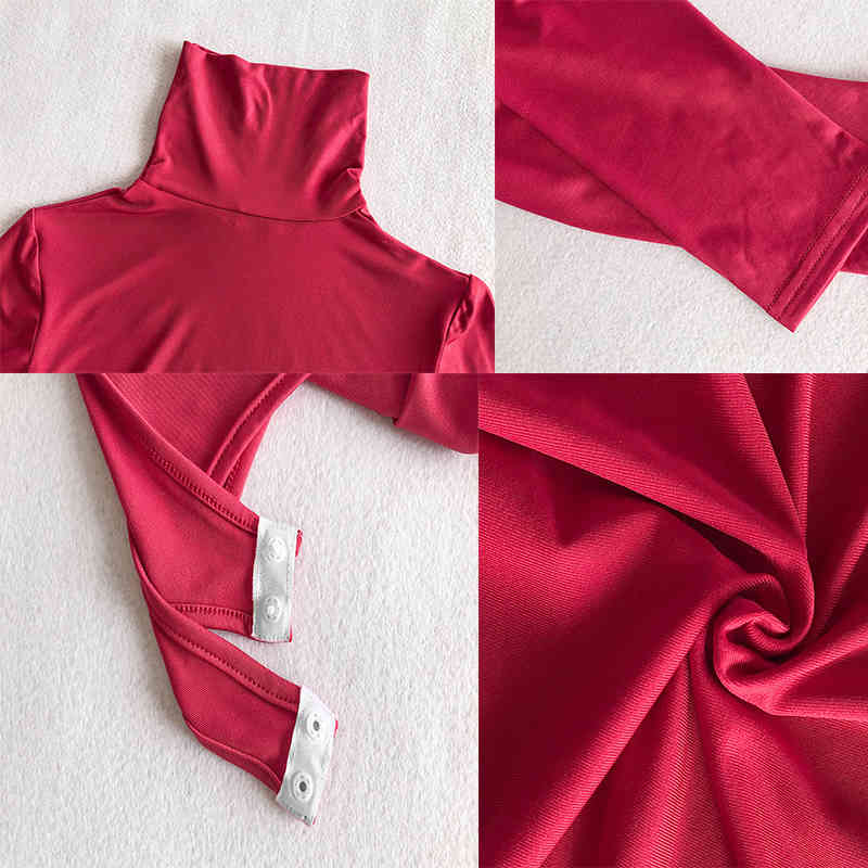 Long Sleeve High Neck Jumpsuits T-shirt Women Fit All-in-one Pants Winter Solid Skinny Vintage Turtleneck Bodysuit Women Top 210406