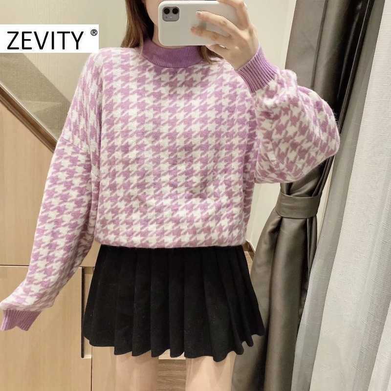 ZEVITY women vintage houndstooth pattern pullovers knitting sweater ladies batwing sleeve casual autumn sweaters chic tops S410 210603
