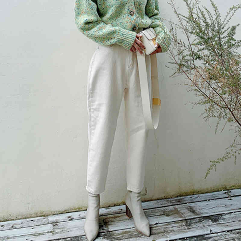 Fashion Women Pants High Waist Vintage White Denim Jeans Female Spring Autumn Streetwear Trousers 10391 210417