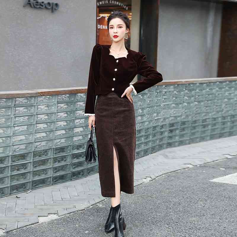 Korean Spring Vintage Office OL Velvet Fashion 2 Piece Sets Women Elegant Square Collar Slim Shirt + Bodycon Pencil Skirts Suit 210519