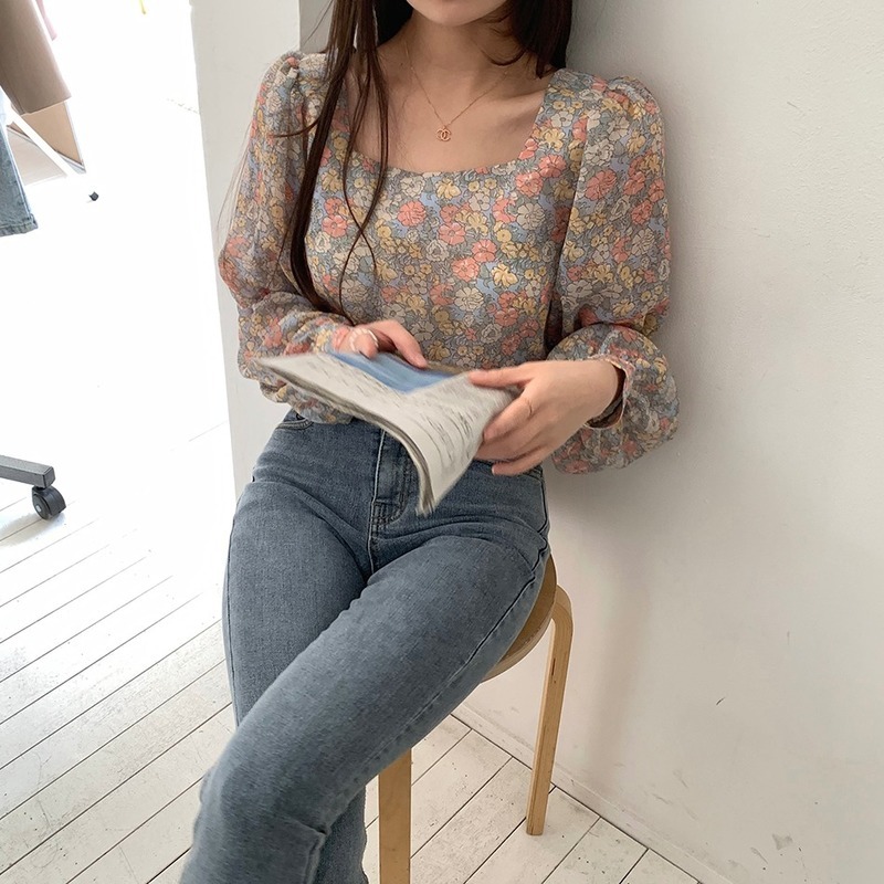 Streetwear Printed Chiffon Blouse Women Shirts Long Sleeve Tops Vintage Floral Loose Office Lady Blouses Blusas 10113 210506
