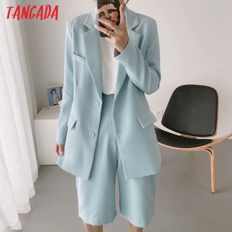 Women Blue Blazer Coat Vintage Notched Collar Pocket Fashion Female Casual Chic Tops DA09 210416