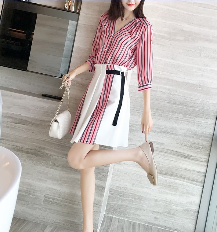 Women 2 Piece Set Spring chiffon Striped Blouse Shirts+High Waist Button Mini Skirts 2 Pieces Clothing Suits 210519