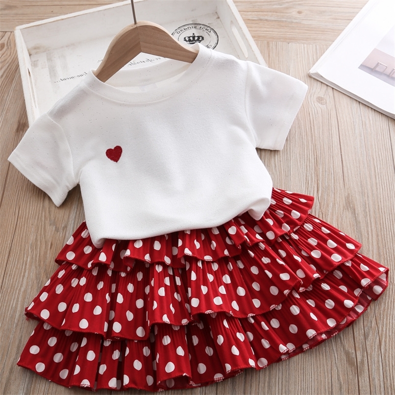 kids clothes girls Girls' suit summer love short sleeve + polka dot cake dress two-piece fashion clothes girls clothes 220307