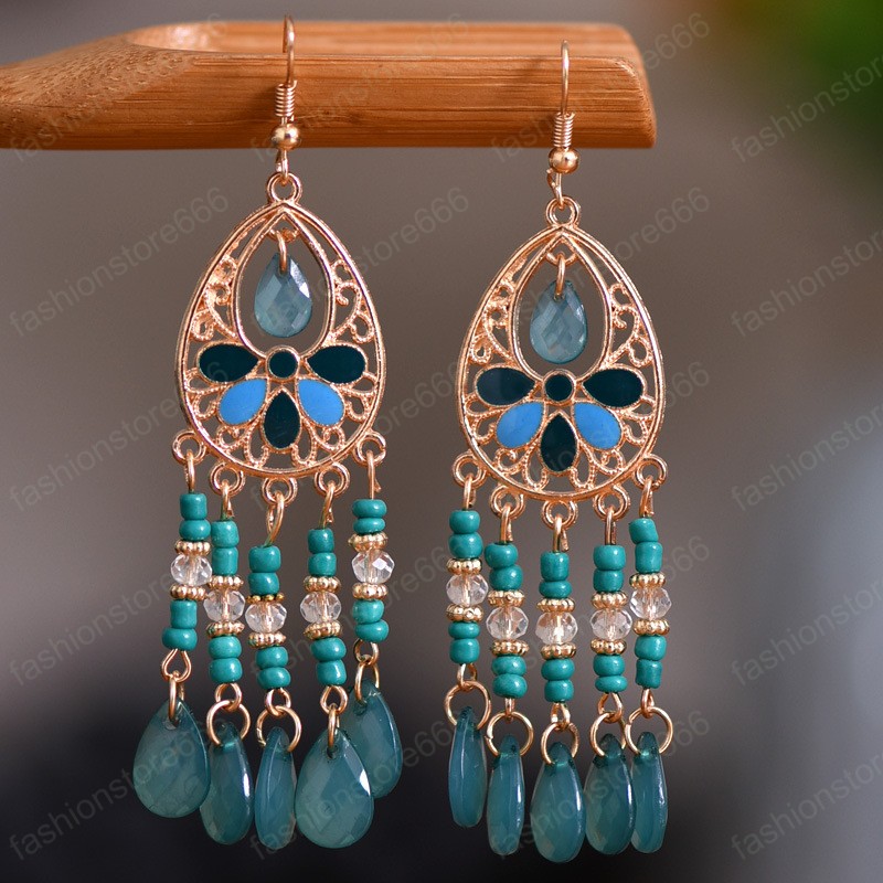 Fashion Bride Wedding Dangle Earrings Colrful Crystal Water Drop Tassel Earring for Women Vintage Flower Bohemian Earring Boho Jewelry