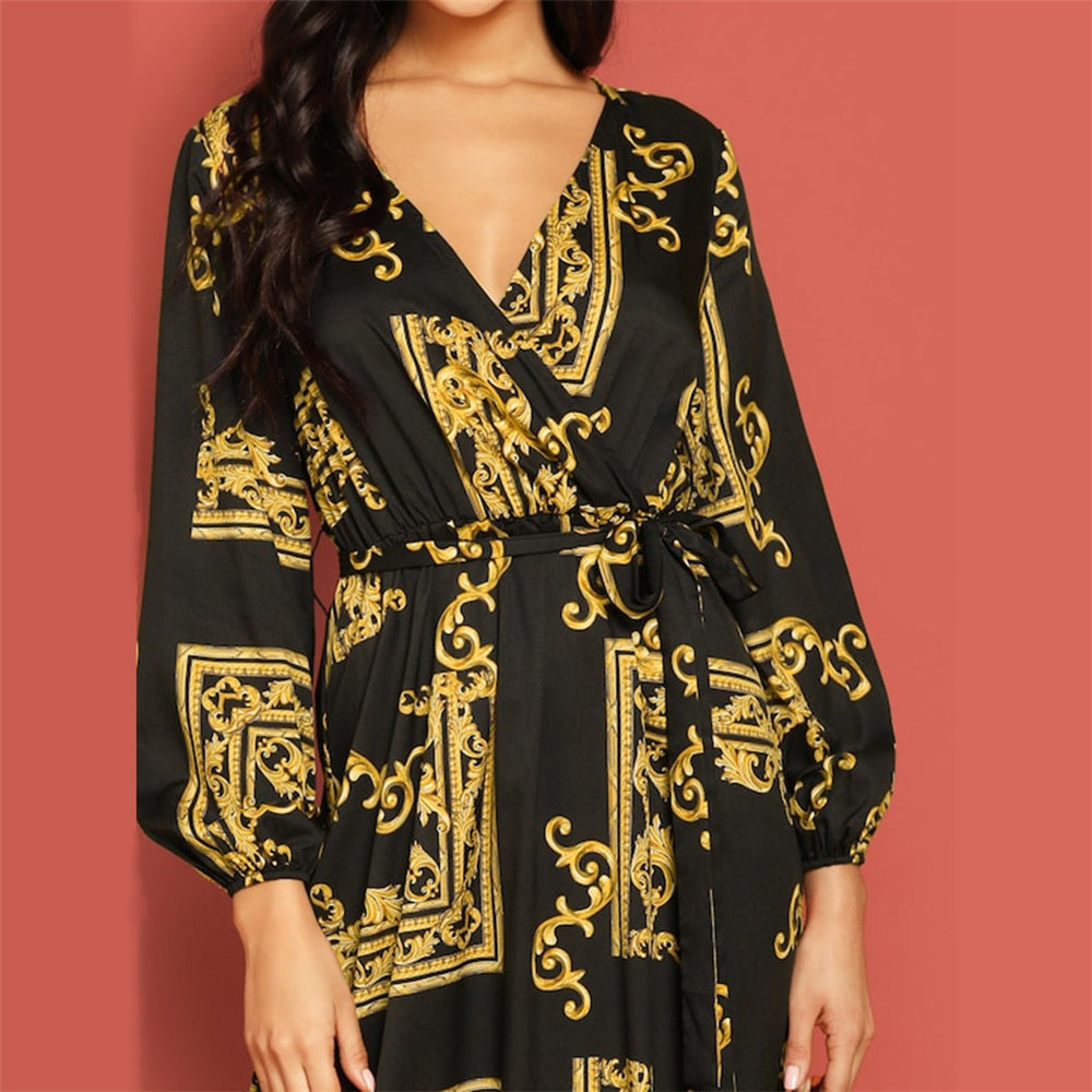 Women Dress Retro Party es V Neck Lantern Sleeve Printed Vintage Lace Up Loose Large Hem Long Summer es 210513