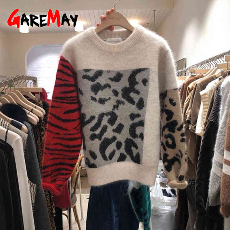 Women's Leopard Print Oversized Sweater O Neck Korean Thick s for Women Knitted Casual Oversize Female 210428