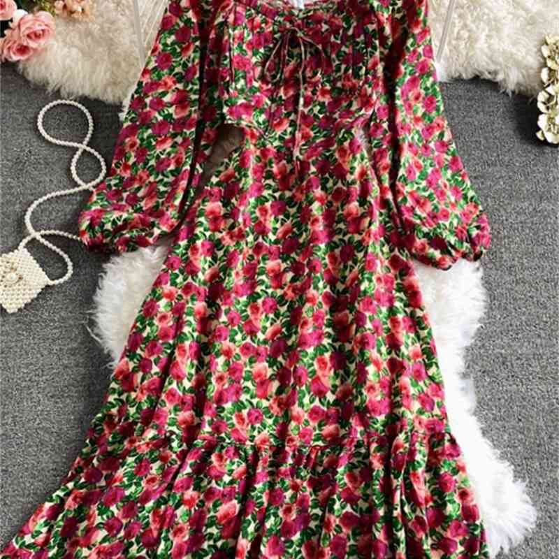 LoveFlowerLife Spring Autumn Slim Floral Print Chiffon Dress A Line Square Collar Mid Calf High Waist Women Dresses 210521