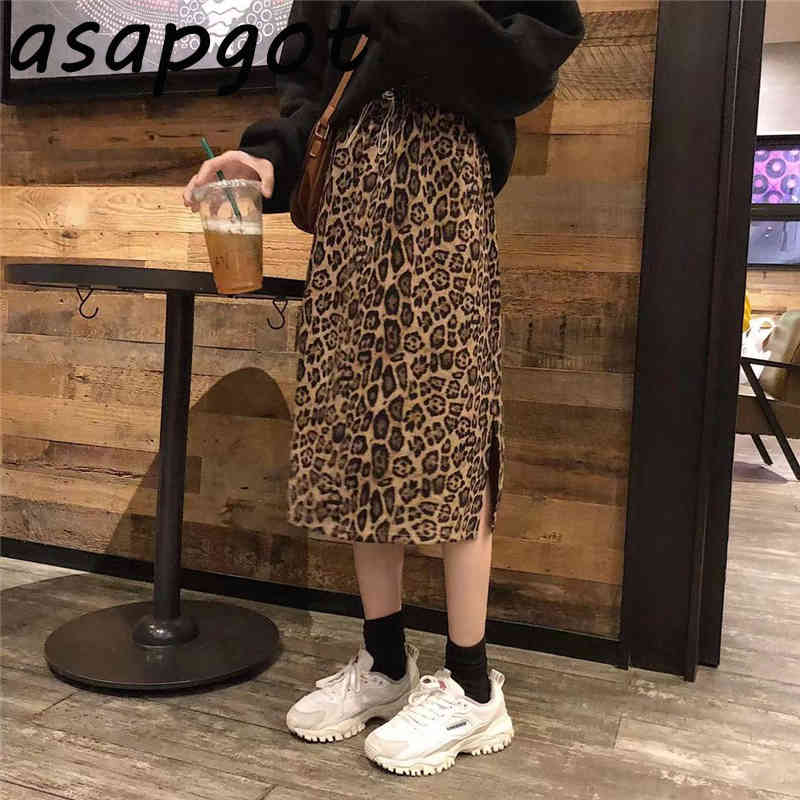 Retro Elastic Waist Side Split Leopard Skirt Women Autumn A Line Slim Faldas Mujer Moda Chic High Street Fashion Temperament 210429