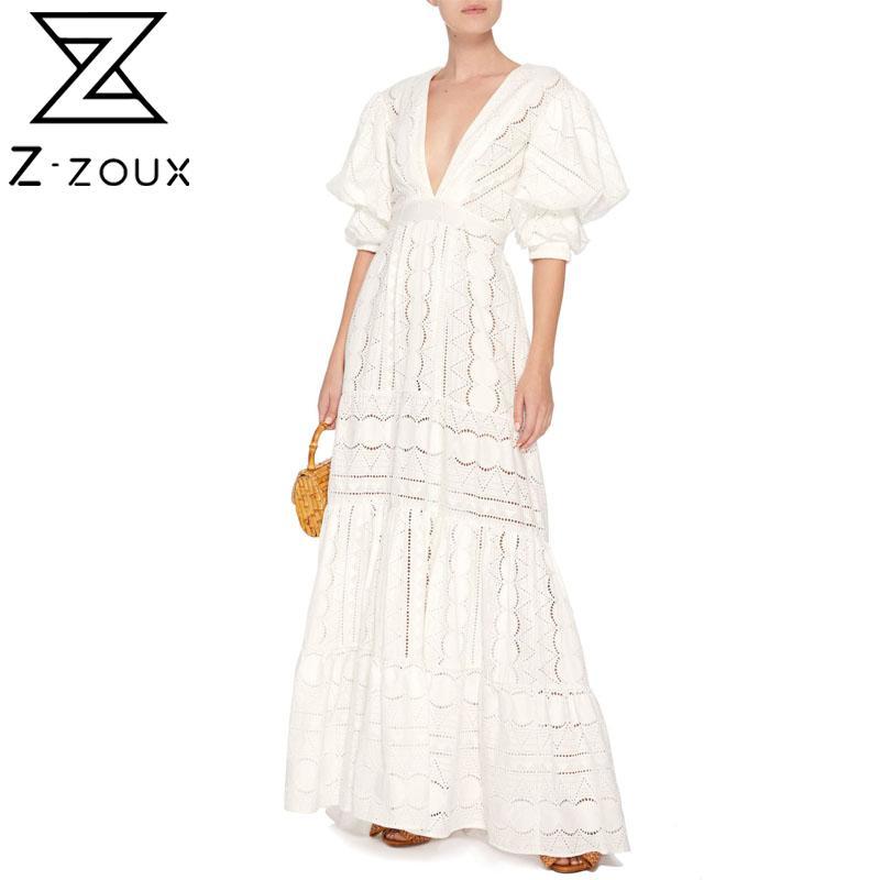 Women Dress Elegant White Lace es Deep V Neck Puff Sleeve Vintage High Waisted Hollow Out Maxi es 210513