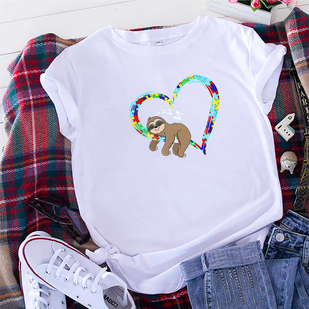 S-5XL Fashion 100% Cotton Women T-Shirt Casual Loose Lazy Sloth Heart Print Summer Female Tees Top Plus Size W871 210526