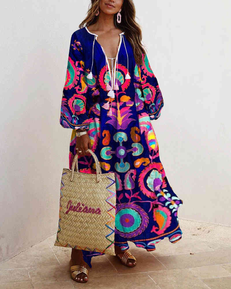 Women Dress Printed Bohemia Sexy Long Print Floral Maxi es V Neck Puff Sleeve Loose Ladies es 210513