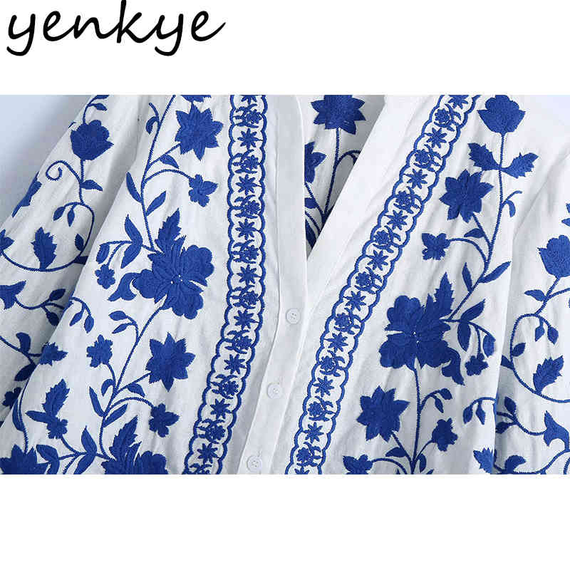 Spring Women Blue Floral Embroidery Jacket Female Long Sleeve V Neck Casual Outerwear Plus Size chaquetas Tops 210430