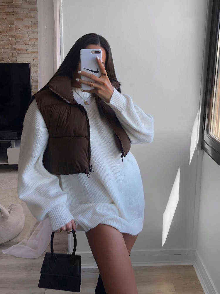 Women Fashion Brown Cropped Vest Coat Female Stand Collar Zipper Waistcoat Ladies Casual Outerwear 211130