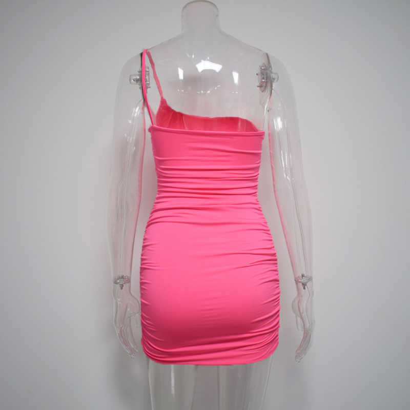 Colysmo Double Layers Neon Green Ruched Dress Summer Spaghetti Straps One Shoulder Sexy Woman Party Night Slim Mini 210527