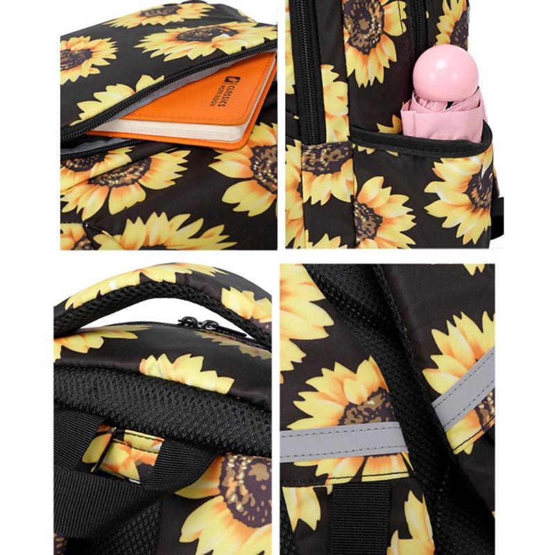 Sunflower Print Laptop Backpack With Reflective Strip Floral Girls Bookbags Women Casual Daypack Lightweight School Bag College