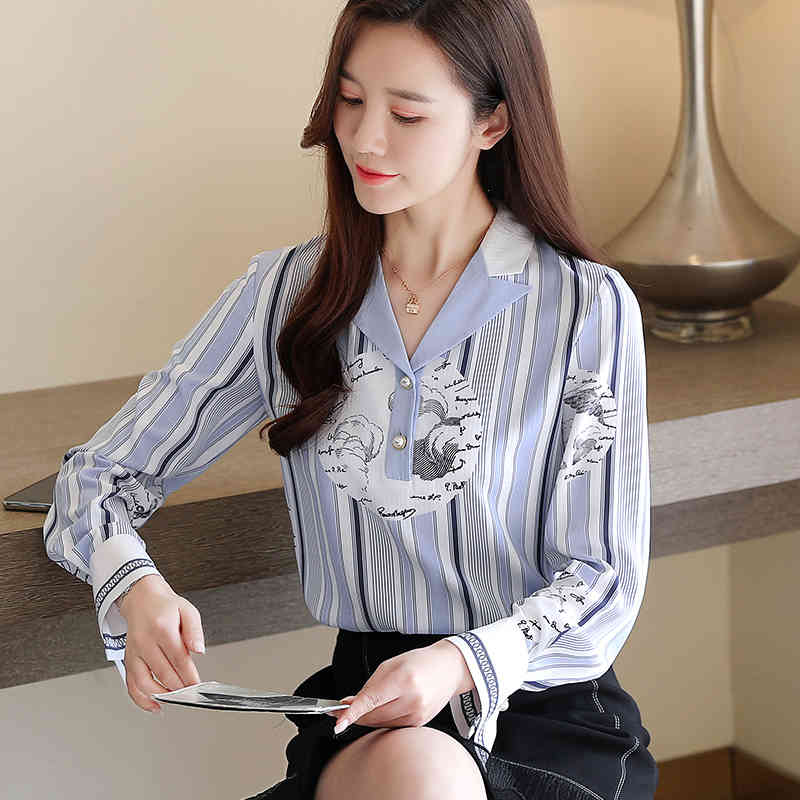 Style Clothing Long Sleeve Print Shirt Women Striped Office Lady Blouse Busas Elegantes Tops Clothes 8455 50 210506