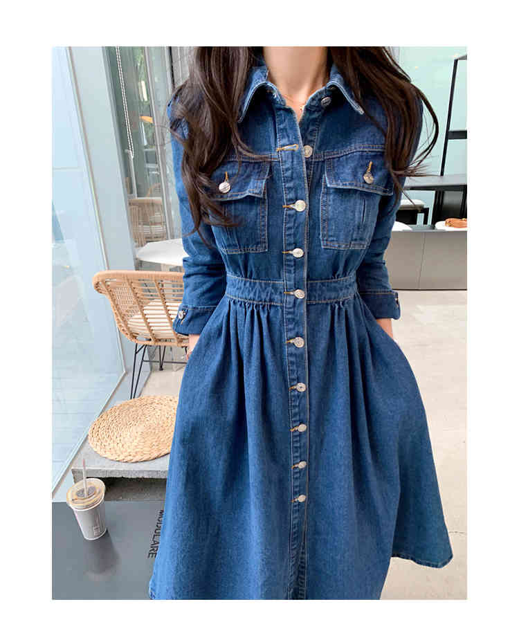 Spring Autumn Fashion Vintage Denim Lapel Collar Single-Breasted High Elastic Waist Casual Long Dress Female Vestidos 210519