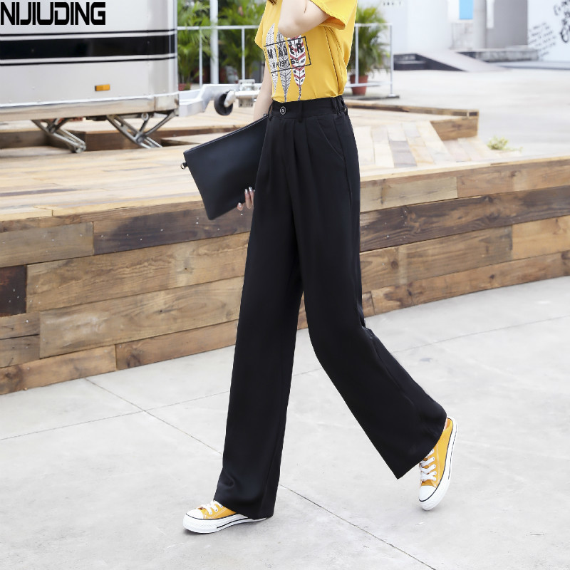 Womem Wide Leg Pants Spring Summer Female Elegant Loose Chiffon Straight Pant Long Trousers Office Lady Pantalon 210514