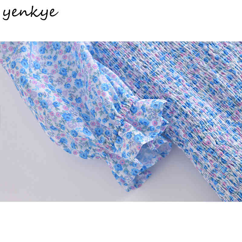 YENKYE Summer Women Blue Floral Print Dress Female Puff Sleeve Elastic Clothes Casual Slim Mini Vestido 210515