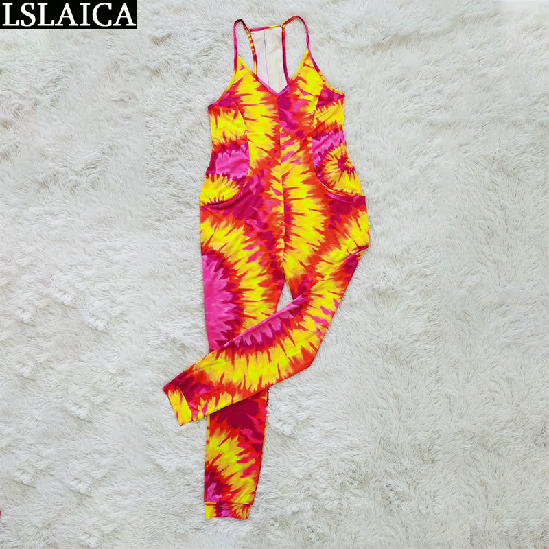 Fashion colorful print sleeveless sexy jumpsuit for women slim casual wild streetwear bodysuit backless club 210520