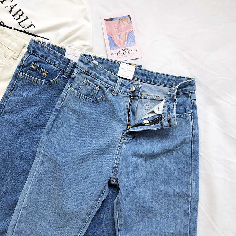 Boyfriend Jeans for Women High Waist Dark Blue Denim Clothing Street Chic Straight Pants Female Summer Cloth Vintage Trousers 210922