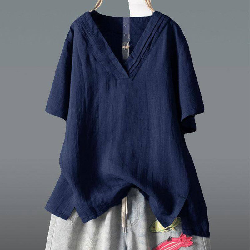 Summer Women Tshirt Plus Size Short Sleeve Casual Loose V-neck Tee Shirt Femme Irregularity Vintage Cotton Linen Tops D9 210512