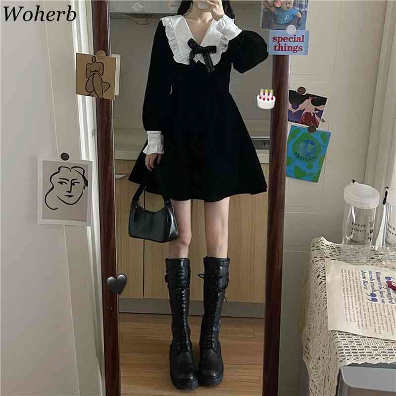 Elegant Vintage Women Mini Dress Japanese Preppy Slim Robe Bow Tie Peter Pan Collar Black Dresses Temperament Vestidos 210519