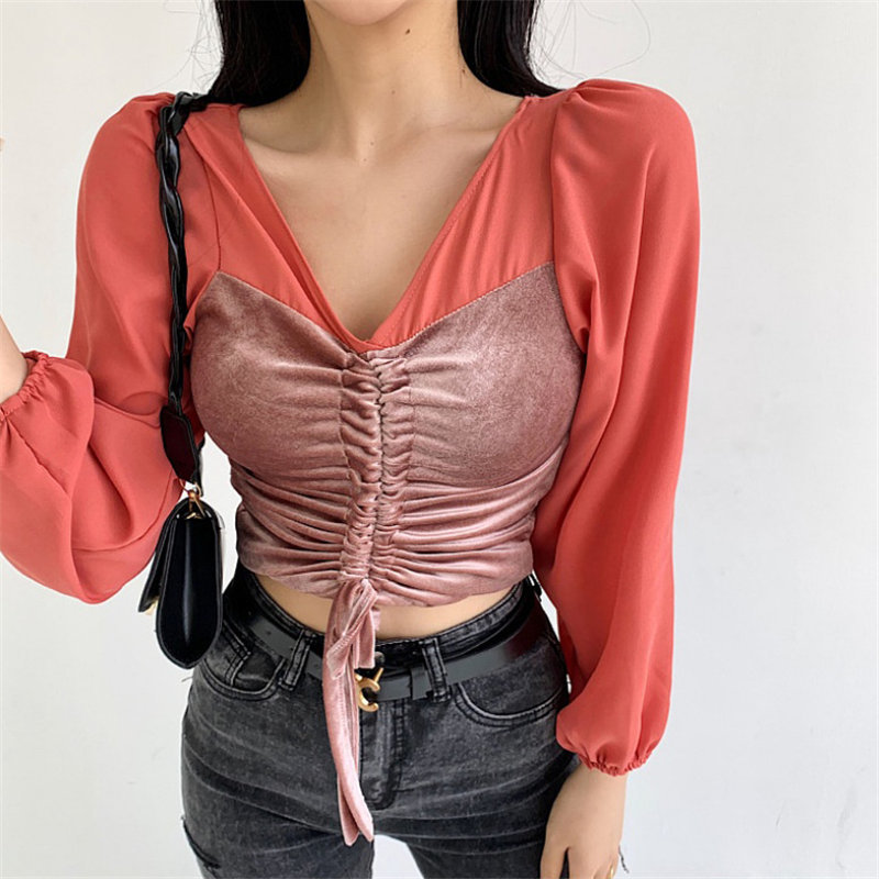 High Waist Autumn V-Neck Lantern Sleeves Slim Velvet Women Sexy Female Basic Brief Tops T-shirt 210421