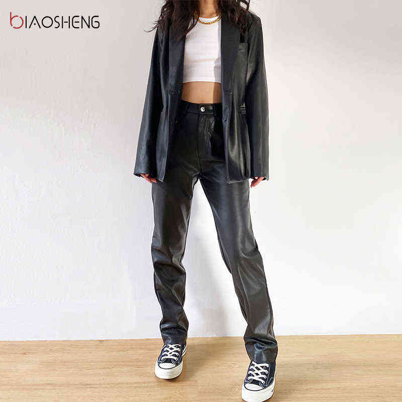 Cargo Pants Women Black Faux Leather High Waist Pockets Fashion Sexy Straight Trousers Streetwear 211115