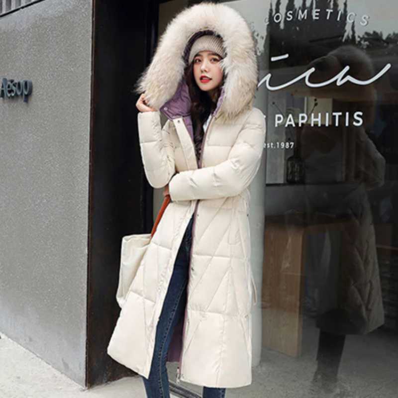 Long Down Cotton Jacket Thicken Winter Woman Coat Plus size Loose Warm Outerwear Big Fur collar Hooded Women Parka 210819
