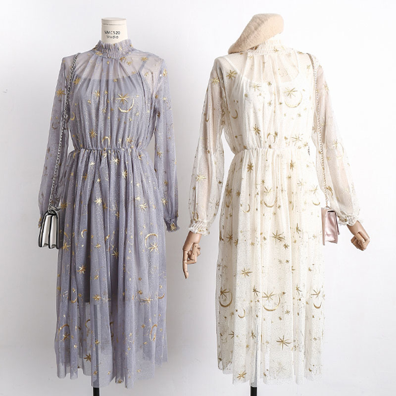 Star Moon Embroidery Dress Women Printing Mesh Puff Sleeve Long Gray Beige Navy Stand Collar Midi Party 12992 210427