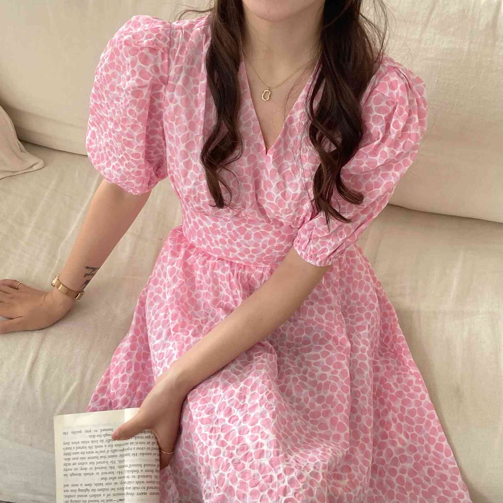 Korea Style High Waist Vintage A-Line Dress Women Elegant Puff Sleeve Mini Casual Sweet Sexy Beach Skirts Clothing 210519