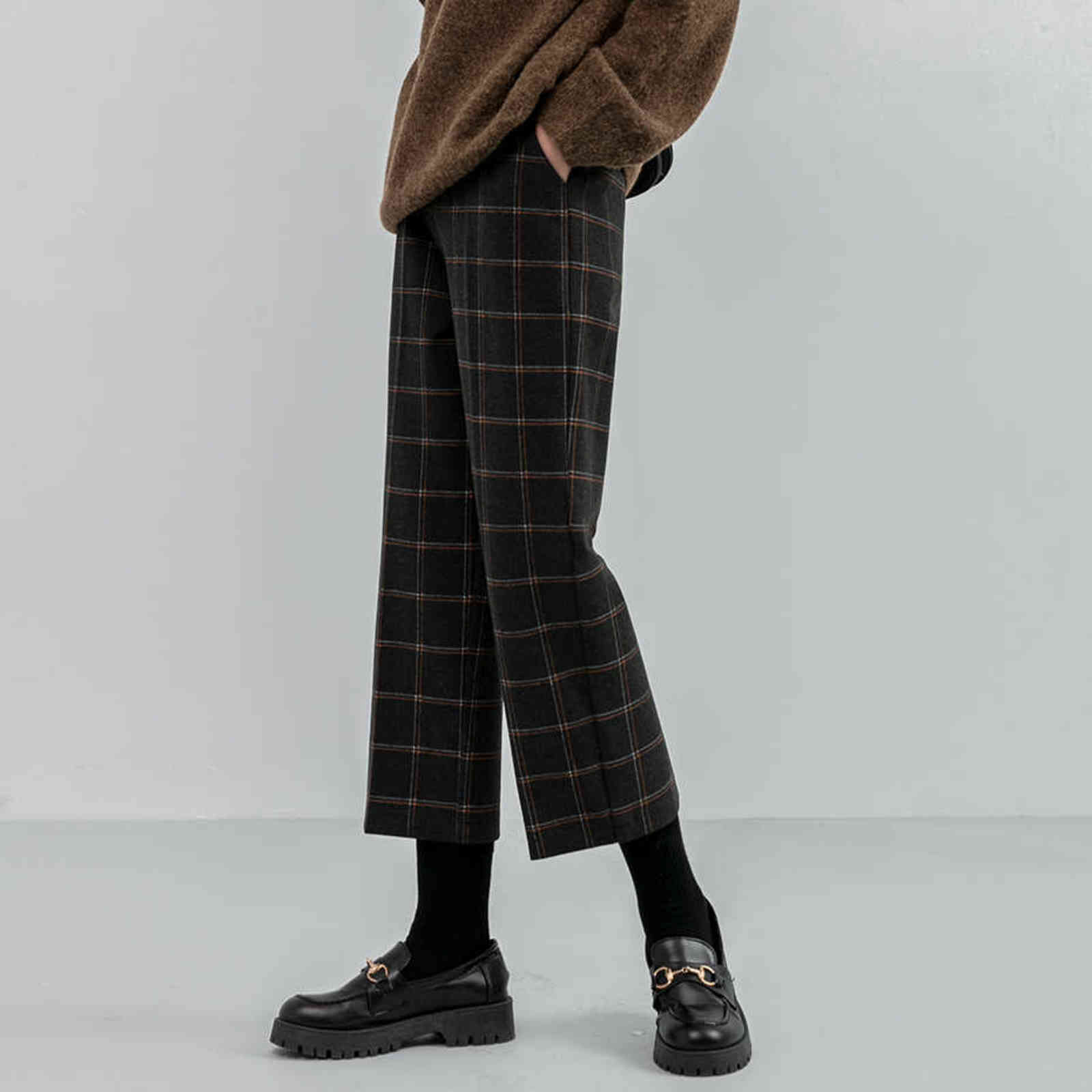 Chic Woolen Plaid Autumn Winter Women's High Waist Formal Straight Pants Loose Ankle-Length Female Boots Plus Size 211115