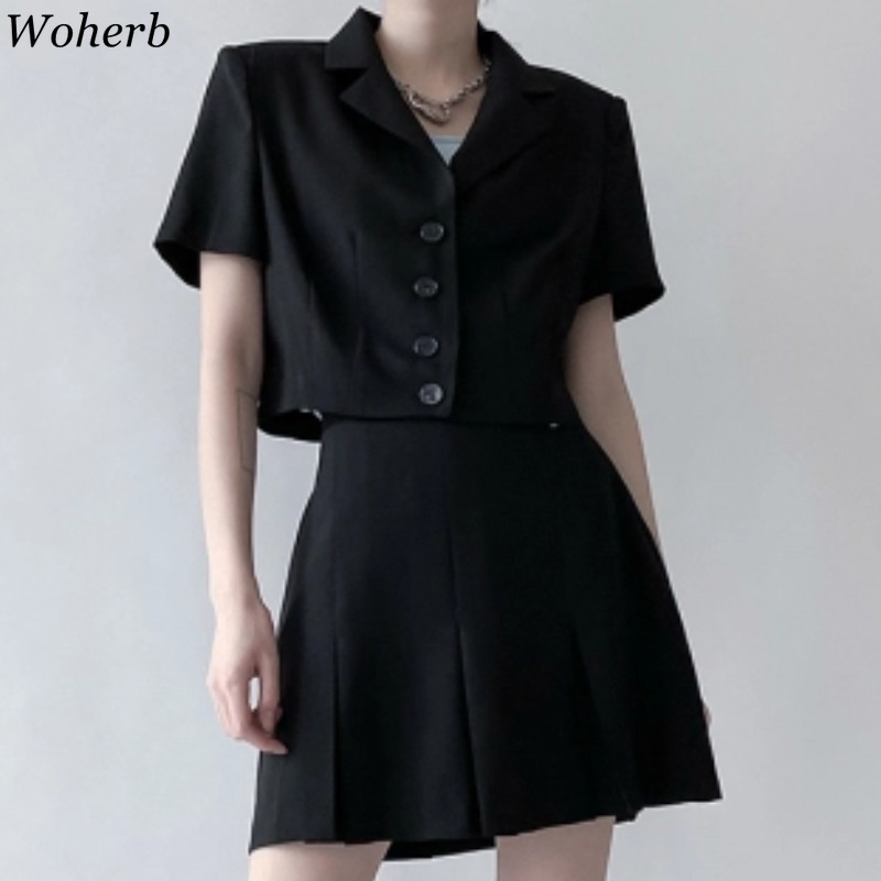 Korean Black Suit 2 Piece Set Women Short Sleeve Coat Rops Slim Mini Skirt Femme Roupas Office Lady Two 210519