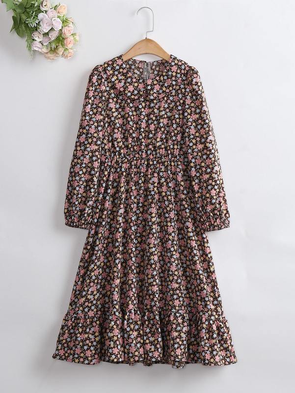 Girls Floral Print Peter Pan Collar Ruffle Hem Dress SHE