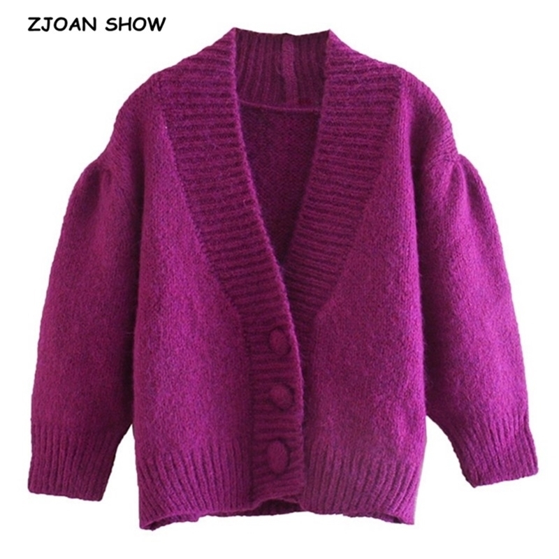 Stylish Women 3/4 Puff Sleeve Purple Cropped Cardigan Retro V neck Knitted High Waist Short Sweater Punk pull Korea Clothes 210429