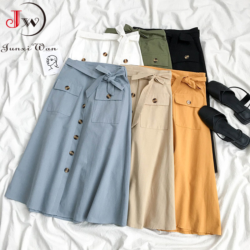 Women Elegant High Waist Midi Skirt Spring And Summer Casual Single-Breasted Solid Black White Bowknot Belt Office A-Line 210510