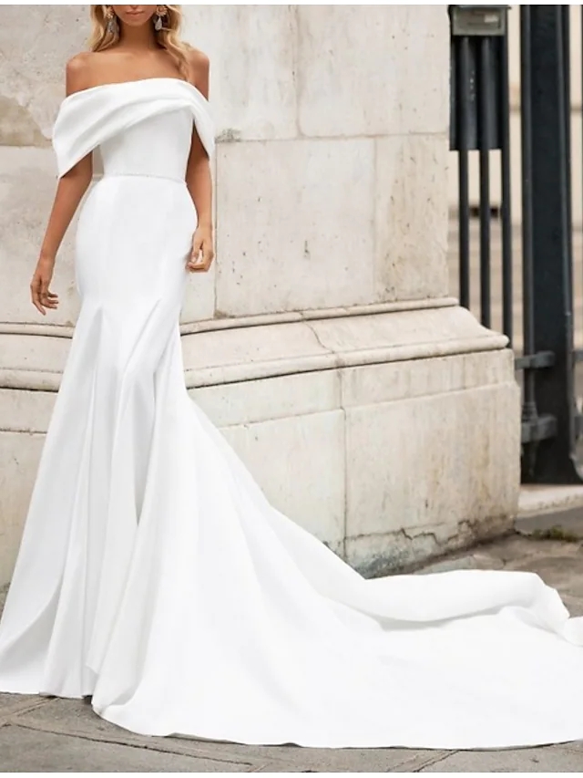 2022 Bridal Gown Trumpet Wedding Dress Off Shoulder Court Train Satin Short Sleeve Romantic Plus Size Modern with Bow Vestido De Noiva Robe De Mariage