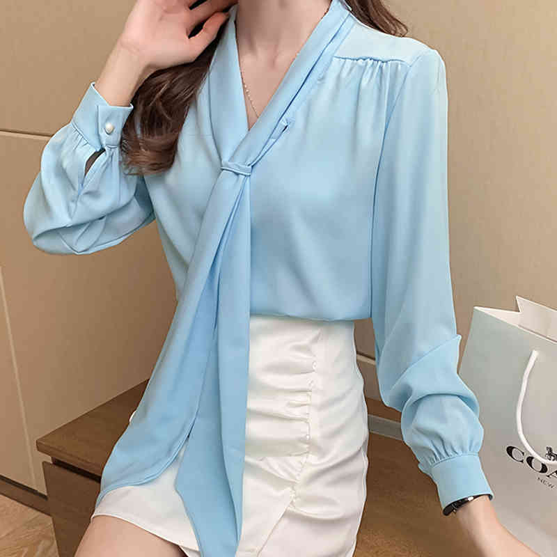 Long Sleeve Office Lady Style V-neck Wome's Shirt Fashion Korean Clothes Bow Lace Up Chiffon Blouse Blusas Mujer 11276 210427