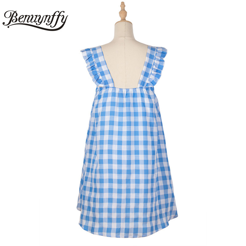 Square Collar Ruffle Sleeveless Plaid Mini Dresses Women Backless High Waist Holiday Style Beach Casual Summer Dress 210510